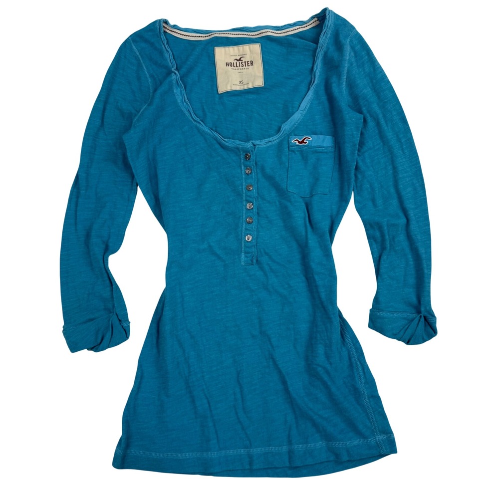 VTG HollisteR sz XS Blue Henley 3/4 Sleeve Scoop Neck  T-Shirt Y2K Fitted